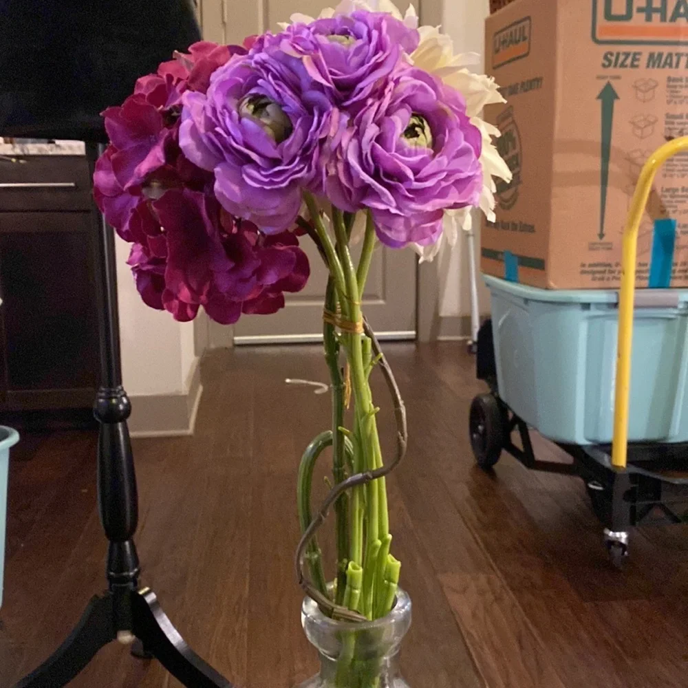 Set of 5 long stem faux flowers 💐 ivory fuchsia purple lavender pink tones​
